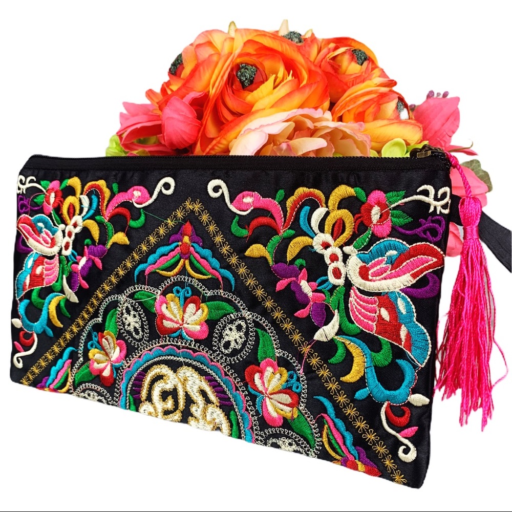Colorful Floral Embroidered Pink Tassel Wristlet - Picture 14 of 15